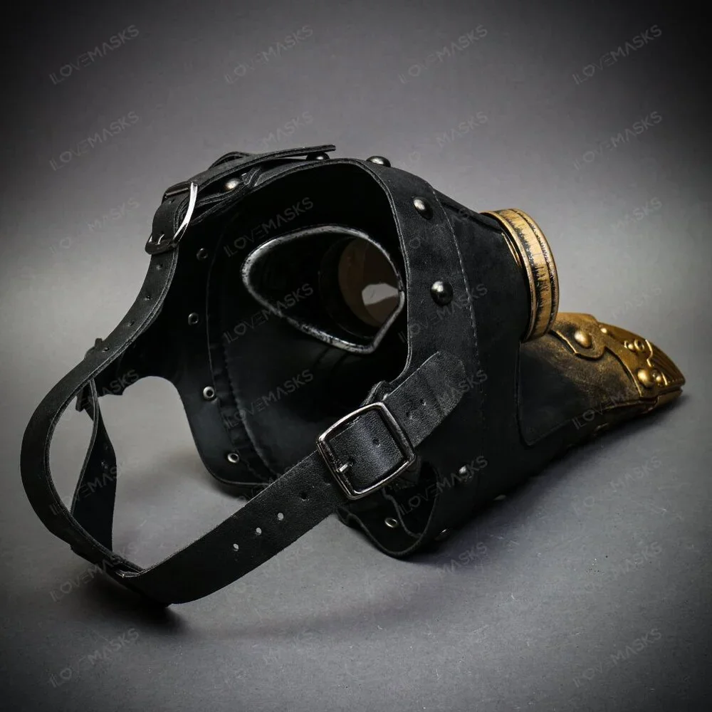 Black Steampunk Plague Doctor w/ GOLD Goggle Short Bird Beak Halloween Mask